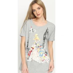 Szary T-shirt Worldly. Szare bluzki z odkrytymi ramionami Born2be, m, z aplikacjami, z okrągłym kołnierzem. Za 39,99 zł.