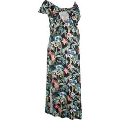 Sukienka ciążowa i do karmienia bonprix czarny w roślinny wzór. Czarne sukienki damskie bonprix, w kwiaty, z materiału, eleganckie, bez kołnierzyka, moda ciążowa, bez rękawów. Za 109,99 zł.