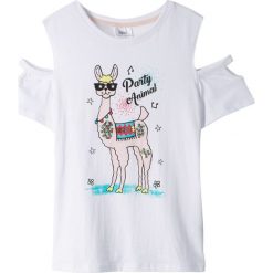 Shirt z wycięciami bonprix biały. Białe bluzki dziewczęce bonprix, z nadrukiem, z bawełny, bez kołnierzyka, bez rękawów, bez kaptura. Za 29,99 zł.