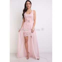Sukienka Santia Pudrowa. Szare sukienki damskie Modaforyou, s, bez wzorów, eleganckie, bez kołnierzyka, z krótkim rękawem, krótkie, mini, dopasowane. Za 139,00 zł.