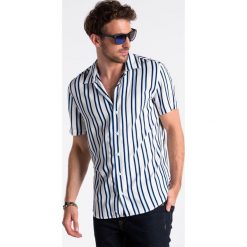 Koszula męska z krótkim rękawem K481 - biała/niebieska. Niebieskie koszule męskie Ombre Clothing, s, bez wzorów, z materiału, klasyczne, z klasycznym kołnierzykiem, z krótkim rękawem. Za 29,00 zł.