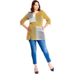 Sweter z kolorowymi wstawkami żółty. Żółte swetry damskie Tagless, xxl, w kolorowe wzory, z bawełny. Za 96,08 zł.