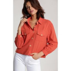 Koralowa Koszula Galena. Pomarańczowe bluzki damskie Renee, xl, bez wzorów, eleganckie, z wykładanym kołnierzem, z krótkim rękawem. Za 69,99 zł.
