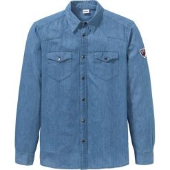 Koszula dżinsowa z długim rękawem i nadrukiem z tyłu bonprix niebieski "bleached”. Niebieskie koszule męskie bonprix, xl, z nadrukiem, z bawełny, bez kołnierzyka, z długim rękawem. Za 99,99 zł.