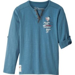 Shirt z długim rękawem bonprix niebieski dżins z nadrukiem. Niebieskie t-shirty chłopięce bonprix, z nadrukiem, z długim rękawem. Za 32,99 zł.