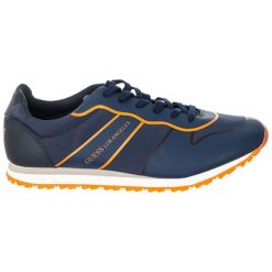 Sneakersy w kolorze granatowo-pomarańczowym. Pomarańczowe trampki męskie Guess, bez wzorów, z materiału, na sznurówki. W wyprzedaży za 259,95 zł.