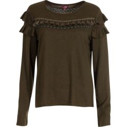 Sweter w kolorze oliwkowo-turkusowym. Brązowe swetry damskie Coline, l, w koronkowe wzory, z koronki, bez rękawów, bez kaptura. W wyprzedaży za 79,95 zł.