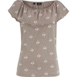 Shirt z dekoltem "carmen" z falbaną bonprix jasnooliwkowy wzorzysty. Zielone koszulki damskie bonprix, bez wzorów, bez kołnierzyka. Za 34,99 zł.