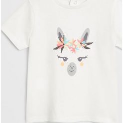 Mango Kids - T-shirt dziecięcy Laama 80-104 cm. Białe bluzki dziewczęce Mango Kids, z nadrukiem, z bawełny, z okrągłym kołnierzem, z krótkim rękawem, krótkie, bez kaptura. Za 45,90 zł.