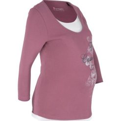 Shirt bawełniany ciążowy i do karmienia bonprix matowy jeżynowy z nadrukiem. Fioletowe koszulki damskie bonprix, z nadrukiem, z bawełny, eleganckie, z okrągłym kołnierzem. Za 34,99 zł.