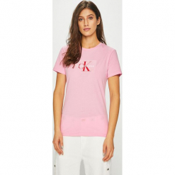 Calvin Klein Jeans - Top Monogram. Szare topy damskie Calvin Klein Jeans, l, z aplikacjami, z bawełny, z okrągłym kołnierzem. Za 229,90 zł.