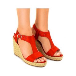 Czerwone sandały na koturnie espadryle H-69. Czerwone espadryle damskie ButyModne, bez wzorów, bez obcasa, na koturnie. Za 84,99 zł.