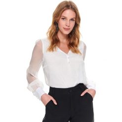 Gładka bluzka z bufiastymi rękawami. Białe bluzki damskie Top Secret, bez wzorów, z tkaniny, eleganckie, z dekoltem w serek, z długim rękawem. W wyprzedaży za 99,99 zł.