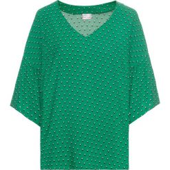 Bluzka z falbanami bonprix zielony miętowy z nadrukiem. Zielone koszulki damskie bonprix, z nadrukiem, eleganckie, z dekoltem w serek. Za 44,99 zł.