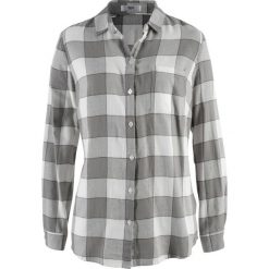 Koszula flanelowa bonprix szary w kratę. Szare koszule damskie bonprix, bez wzorów, bez kołnierzyka, bez rękawów. Za 37,99 zł.
