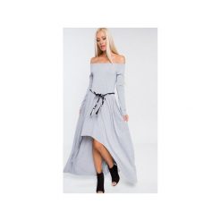 SUKIENKA BAWEŁNANA ELLA GREY. Szare sukienki damskie Dressroad, bez wzorów, z wiskozy, z asymetrycznym kołnierzem, bez rękawów, maxi, asymetryczne. Za 227,05 zł.