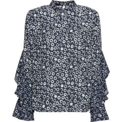 Bluzka z falbanami bonprix ciemnoniebiesko-biały w kropki. Białe bluzki longsleeves bonprix, w kropki, ze stójką. Za 89,99 zł.