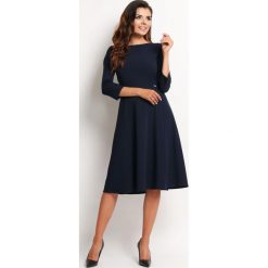 Granatowa Elegancka Rozkloszowana Sukienka Midi z Rękawem 3/4. Niebieskie sukienki balowe marki Molly.pl, na co dzień, l, z tkaniny, midi, dopasowane. Za 127,90 zł.