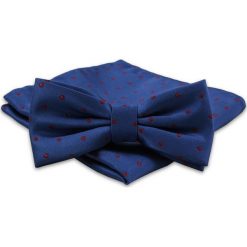 Ciemna Niebieska Mucha Męska -ALTIES- z Taką Samą Poszetką, w Bordowe Kropki, Grochy MUALTS0451. Czerwone muszki męskie Alties, na imprezę, w paski, eleganckie. Za 40,00 zł.