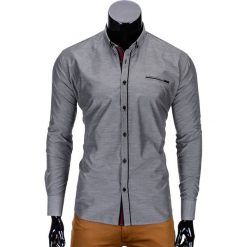 KOSZULA MĘSKA Z DŁUGIM RĘKAWEM K322 - SZARA. Szare koszule męskie na spinki Ombre Clothing, m, z bawełny, z kontrastowym kołnierzykiem, z długim rękawem. Za 39,00 zł.
