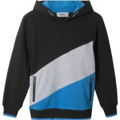 Bluza z kapturem "colour-blocking" bonprix czarno-jasnoszary melanż - niebieski. Czarne bluzy chłopięce bonprix, bez wzorów, bez rękawów, z kapturem. Za 74,99 zł.