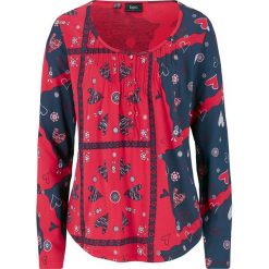 Shirt z dekoltem henley bonprix czerwono-ciemnoniebieski z nadrukiem. Czerwone koszulki damskie bonprix, z nadrukiem, bez kołnierzyka, bez rękawów. Za 59,99 zł.