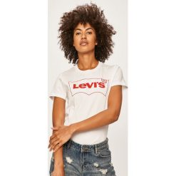 Levi's - T-shirt. Białe bluzki damskie Levi's®, s, z aplikacjami, z bawełny, z okrągłym kołnierzem, z krótkim rękawem. W wyprzedaży za 69,90 zł.