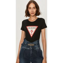 Guess Jeans - T-shirt. Czarne bluzki damskie Guess Jeans, s, z nadrukiem, z bawełny, casualowe, z okrągłym kołnierzem, z krótkim rękawem. W wyprzedaży za 89,90 zł.