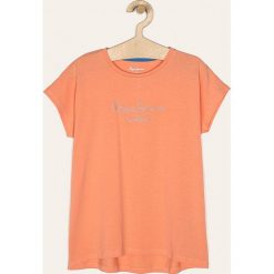 Pepe Jeans - T-shirt dziecięcy Nuria 128-178/180 cm. Pomarańczowe bluzki dziewczęce Pepe Jeans, z aplikacjami, z bawełny, z okrągłym kołnierzem, z krótkim rękawem, krótkie, bez kaptura. W wyprzedaży za 59,90 zł.