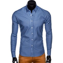 KOSZULA MĘSKA W KRATĘ Z DŁUGIM RĘKAWEM K438 - GRANATOWA/BŁĘKITNA. Niebieskie koszule męskie Ombre Clothing, s, bez wzorów, z bawełny, bez kołnierzyka, z długim rękawem. Za 39,00 zł.