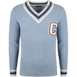 Calvin Klein Sweter "Saret Varsity". Swetry męskie Calvin Klein, z aplikacjami, z dzianiny, z kontrastowym kołnierzykiem, bez kaptura. Za 299,00 zł.