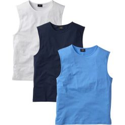 Shirt bez rękawów (3 szt.) bonprix niebieski + biały + ciemnoniebieski. Niebieskie koszulki męskie bonprix, s, bez wzorów, bez kołnierzyka, bez rękawów. Za 53,97 zł.