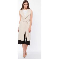 Beżowa Długa Kamizelka z Wiązanym Paskiem. Brązowe kamizelki damskie Molly.pl, s, w paski, eleganckie, długie, bez kaptura. Za 148,90 zł.