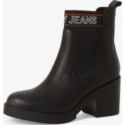 Tommy Jeans - Botki damskie z dodatkiem skóry, czarny. Czarne botki damskie Tommy Jeans, z jeansu, bez obcasa, na obcasie, bez zapięcia. Za 449,95 zł.