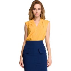 Żółta Elegancka Koszulowa Bluzka bez Rękawów z Zakładkami. Żółte podkoszulki damskie marki Molly.pl, s, bez wzorów, z jeansu, eleganckie, ze stójką, bez rękawów. Za 89,90 zł.