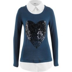 Sweter 2 w 1 z koszulową wstawką, długi rękaw bonprix ciemnoniebieski. Niebieskie swetry klasyczne damskie bonprix, z koszulowym kołnierzykiem. Za 109,99 zł.