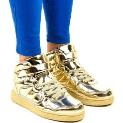 Żółte Złote Lakierowane Sneakersy XW7082. Żółte sneakersy damskie ButyModne, z materiału. Za 79,00 zł.