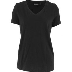 Shirt z dekoltem w serek, krótki rękaw bonprix czarny. Czarne koszulki damskie bonprix, bez wzorów, z dekoltem w serek, z krótkim rękawem. Za 16,99 zł.