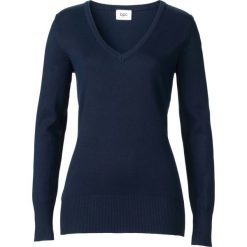 Sweter z dekoltem w serek bonprix ciemnoniebieski. Niebieskie swetry klasyczne damskie bonprix, z dzianiny, z dekoltem w serek. Za 54,99 zł.