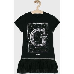 Guess Jeans - Top dziecięcy 118-175 cm. Czarne bluzki dziewczęce Guess Jeans, z nadrukiem, z elastanu, z okrągłym kołnierzem, z krótkim rękawem, krótkie, bez kaptura. W wyprzedaży za 89,90 zł.