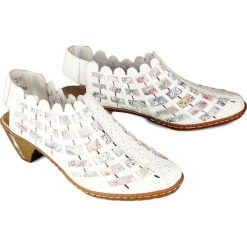 RIEKER 46778-80 white combination, sandały damskie. Białe sandały damskie Rieker, bez wzorów, bez obcasa, na obcasie, bez zapięcia. Za 289,90 zł.
