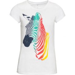 Shirt z nadrukiem bonprix biały Zebra. Białe koszulki damskie bonprix, z nadrukiem, bez kołnierzyka. Za 44,99 zł.