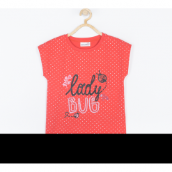 Koszulka. Pomarańczowe bluzki dziewczęce z nadrukiem marki LADY BUG, z krótkim rękawem. Za 45,90 zł.