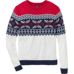 Sweter w norweski wzór Regular Fit bonprix biel wełny - czerwono-ciemnoniebieski. Białe swetry męskie bonprix, s, bez wzorów, z wełny, z okrągłym kołnierzem, bez kaptura. Za 89,99 zł.