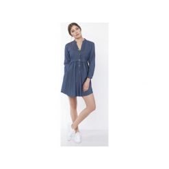 SUKIENKA KOSZULOWA, SUK164 JEANS. Niebieskie sukienki damskie Lanti, bez wzorów, z poliesteru, ze stójką, bez rękawów, mini, koszulowe. Za 173,00 zł.