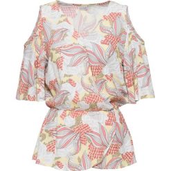 Tunika cold-shoulder bonprix jasnożółty z kolorowym nadrukiem. Żółte tuniki damskie bonprix, z nadrukiem, z dekoltem w serek, bez rękawów. Za 64,99 zł.