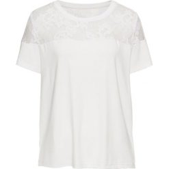 Shirt z koronką bonprix biały. Białe koszulki damskie bonprix, w koronkowe wzory, z koronki, eleganckie, bez kołnierzyka. Za 74,99 zł.