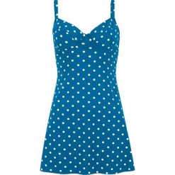 Długi top tankini na fiszbinach, szybko schnący bonprix niebieskozielono-biały w kropki. Niebieskie stroje kąpielowe damskie bonprix, bez wzorów. Za 79,99 zł.