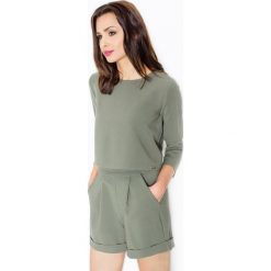 Oliwkowy Stylowy i Modny Kombinezon na Lato. Zielone spodnie damskie Molly.pl, na lato, xl, z haftami, z dzianiny, eleganckie, z okrągłym kołnierzem, z krótkim rękawem, krótkie. Za 124,90 zł.