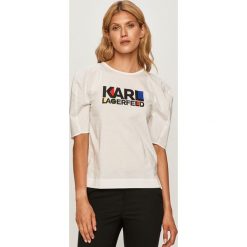 Karl Lagerfeld - T-shirt. Białe bluzki damskie KARL LAGERFELD, s, z nadrukiem, z bawełny, casualowe, z okrągłym kołnierzem, z krótkim rękawem. W wyprzedaży za 399,90 zł.